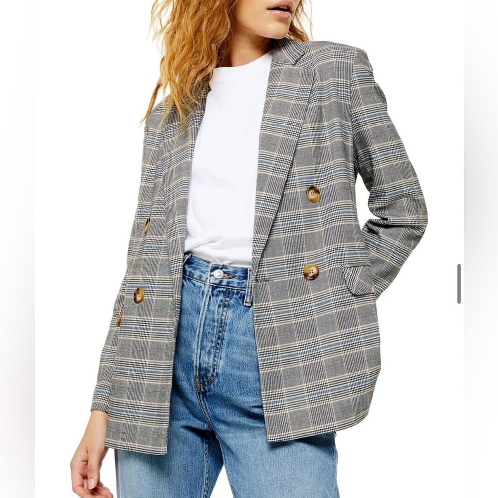 Topshop Double Breasted Plaid Blazer
